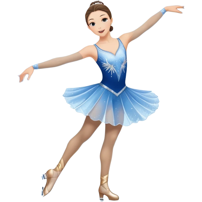 An icon showing a graceful figure skater mid-spin on a sparkling ice rink, wearing an elegant costume. The background features festive arena lights, snowflakes, and cheering spectators. Transparent background captures the beauty, artistry, and elegance of figure skating. emoji