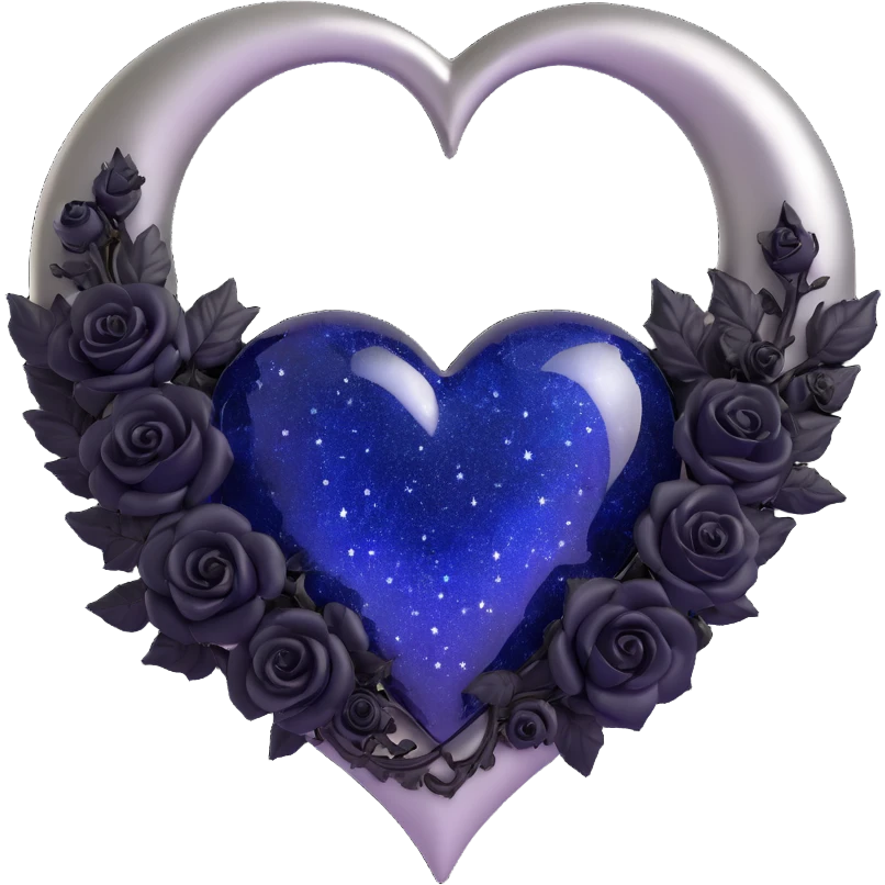 gothic heart made of midnight blue glass with a silver crescent moon, tiny black roses, shimmering stardust, cracked glass texture emoji