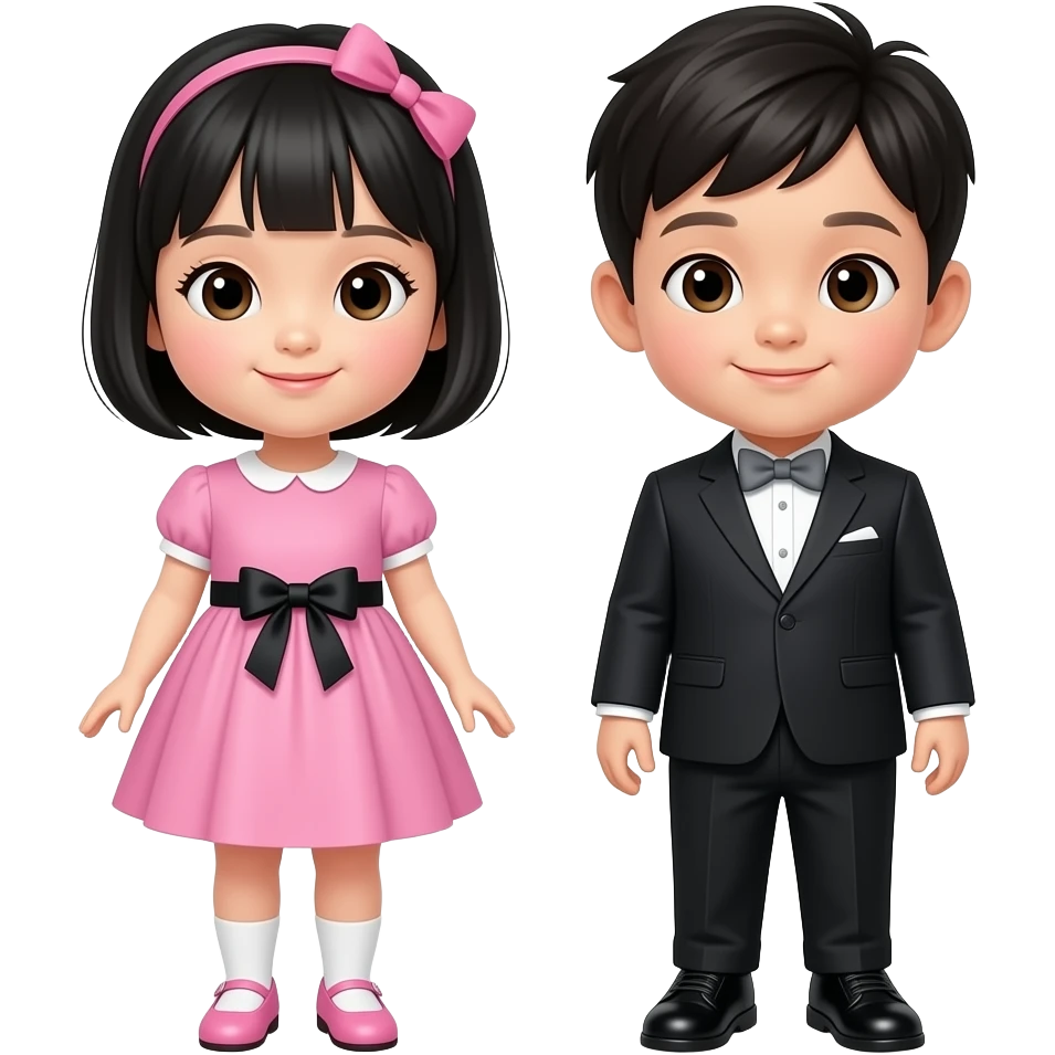 한국인 남매(7세 누나와 3세 남동생, 남동생은 키가 훨씬 작아). 왼쪽 누나는 분홍 원피스에 검정리본이 장식되어 있는 원피스를 입고 분홍구두를 신고있어. 머리는 검정색 가슴기장으로 묶지 않고 있어. 오른쪽 남동생은 검정 정장을 입고 회색 나비넥타이를 매고 있고 검정 구두를 신고 있어. emoji