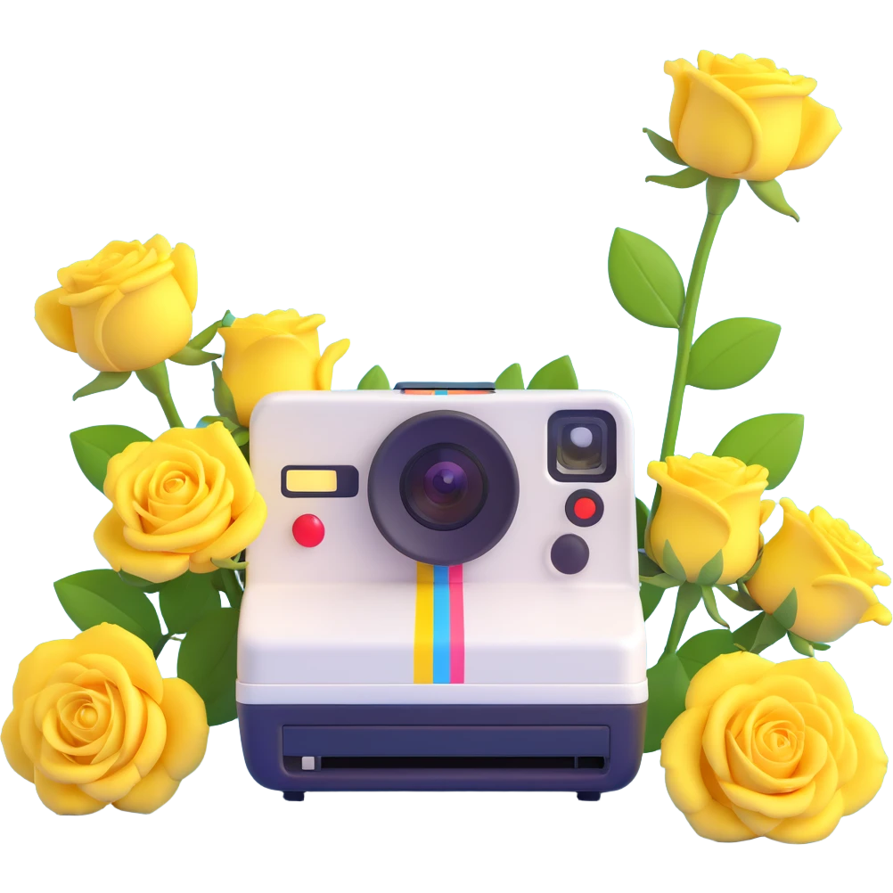 Polaroid photo with yellow roses in 3D iOS emoji style emoji
