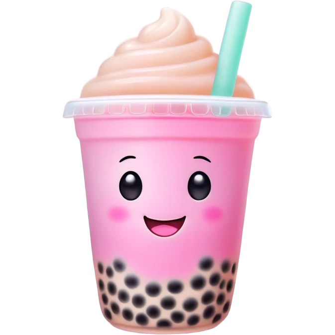 Cinematic pastel-colored bubble tea, chubby cup with a smiling face, tiny black tapioca pearls peeking out, soft glowing background, playful and adorable. emoji