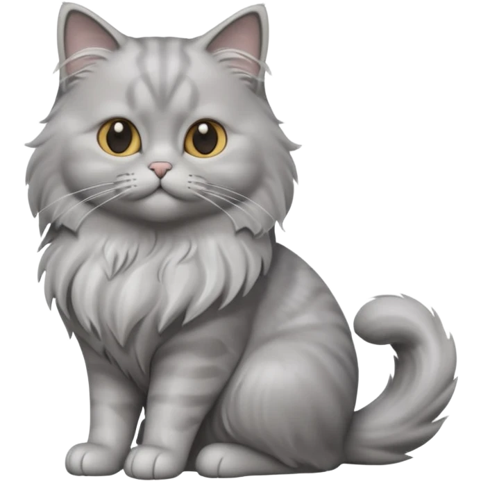 A 3D cartoon silver-gray British Longhair cat with flowing fur and soft reflections, calm sitting pose, Memoji-style rendering. full body or half body. emoji