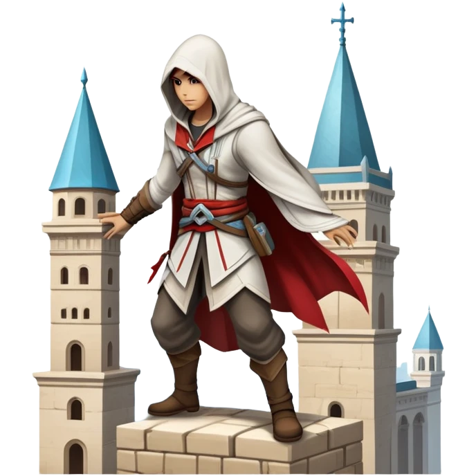 An icon representing an adventure game, inspired by Assassin's Creed. The design features a heroic character in hooded attire, scaling a tall building in a historical cityscape. The background shows ancient architecture and hidden symbols, symbolizing exploration and stealth. Transparent background emoji
