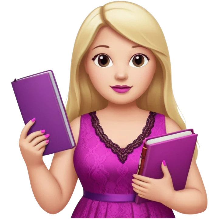 A plus-size white woman with long, straight blonde hair is wearing a magenta lace sleeveless dress. She is standing with magenta nail polish and holding a book and a crayon.. emoji