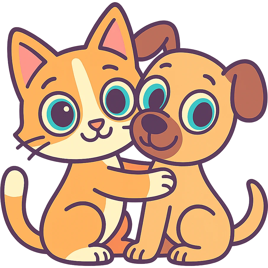 cartoon style cat hugging dog, big eyes, pastel tones emoji