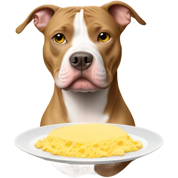 Tan pitbull holding a plate of scrambled eggs emoji
