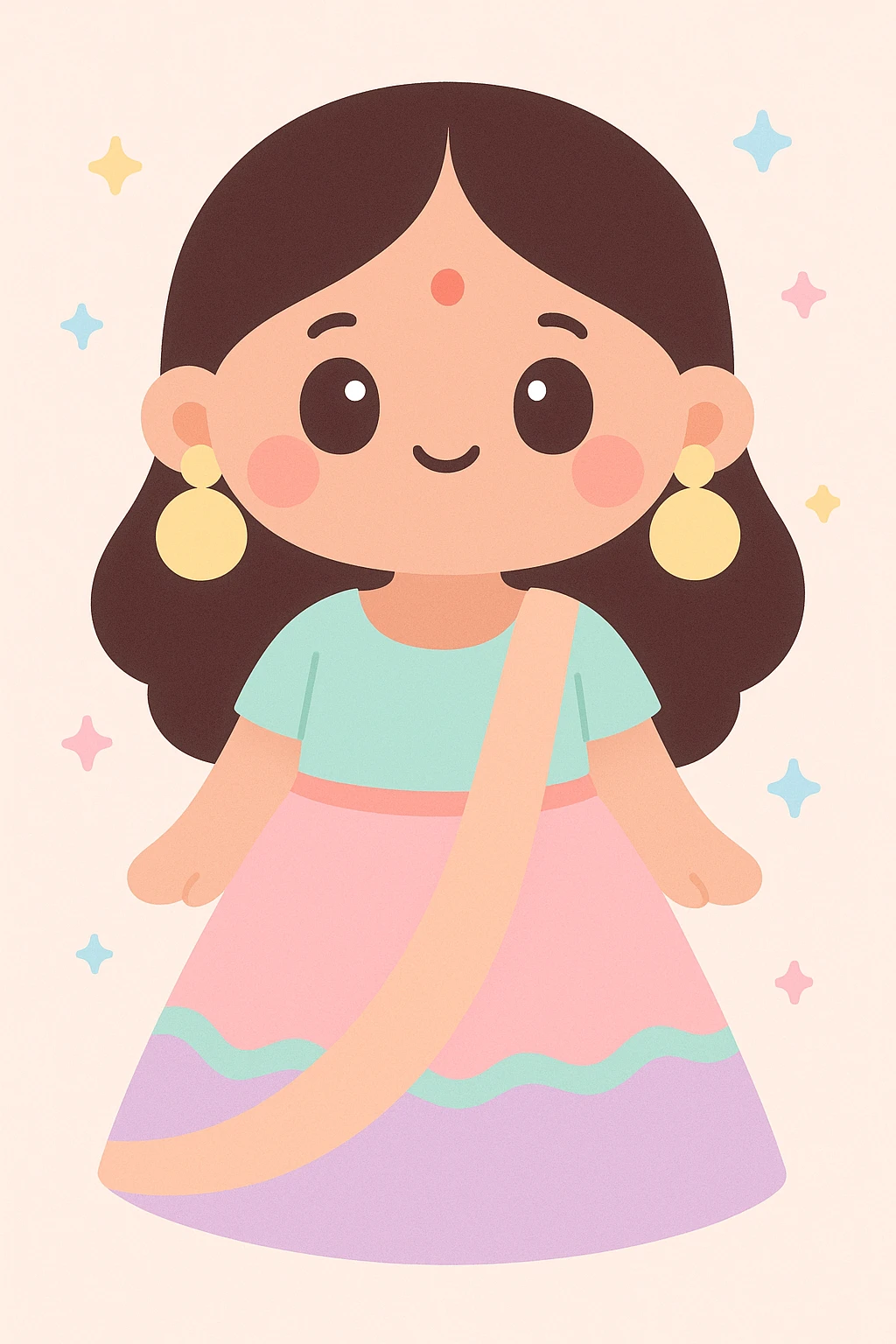 Indian girl with a bindi, traditional colorful lehenga, oversized earrings, joyful expression emoji