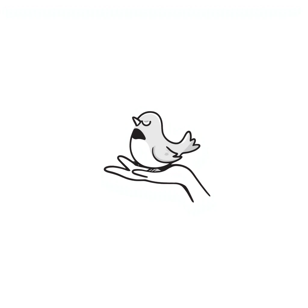 A small cute bird perched on an outstretched human hand/palm in pastel colors (dd9fb0, ffc6d3, a3bfc9, c4bee2, f1b091), hand-drawn doodle style emoji