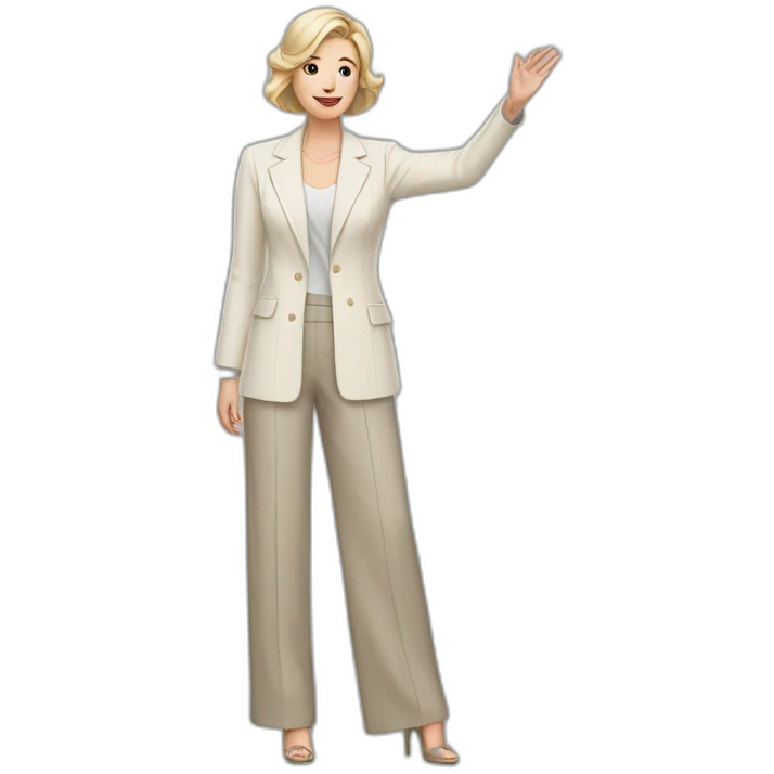 Full height Actively gesturing with hands pale skin woman with ash blonde Straightened bob Hair, White Spacious classical jacket, beige palazzo Arrow pants and gray blouse emoji