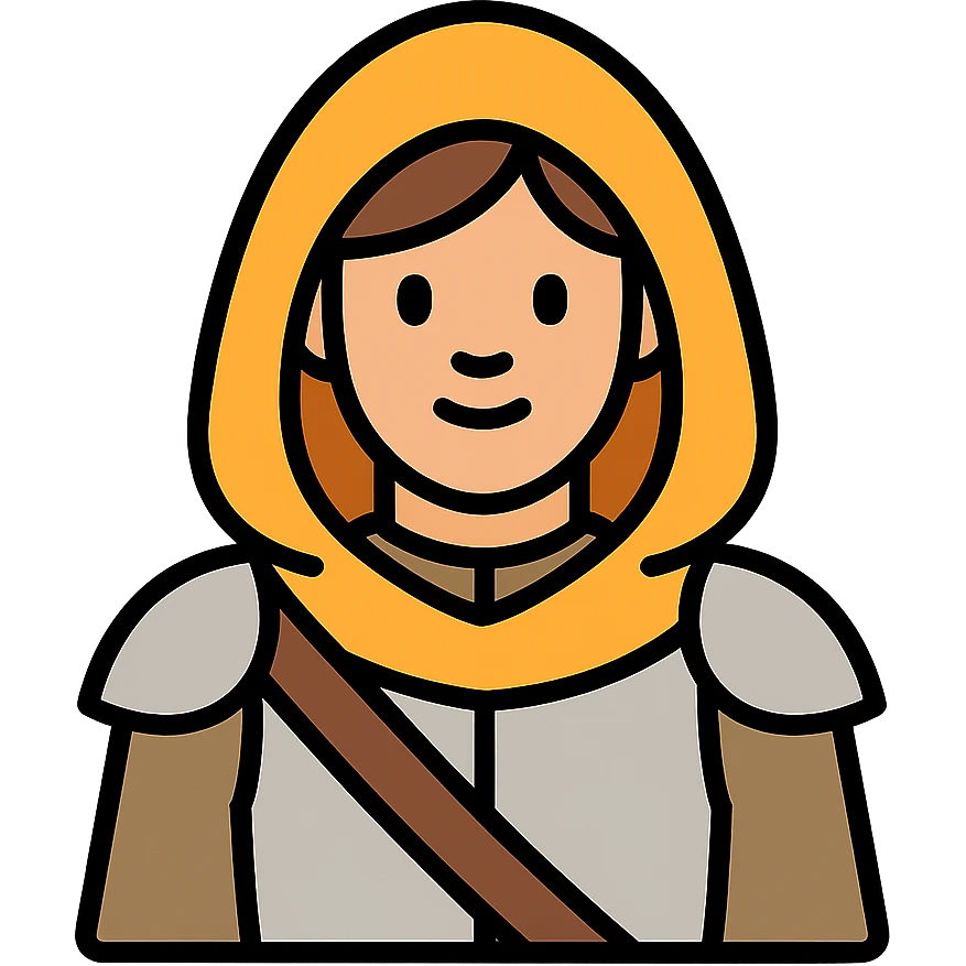 medieval hooded explorer with brown hair, no beard, wearing light armor, chest up view emoji