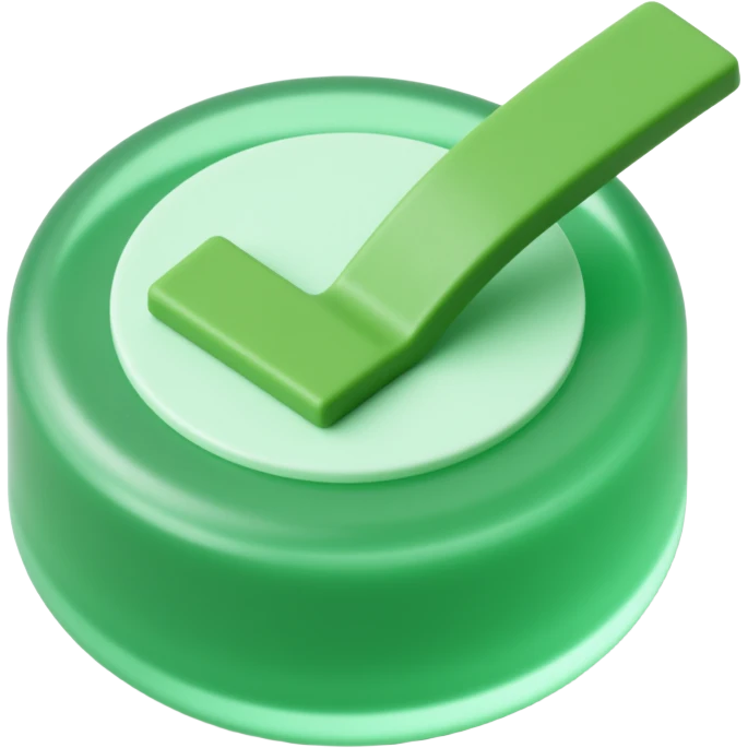 green checkmark button with glassy effect and subtle 3D depth, skeuomorphism icon style emoji