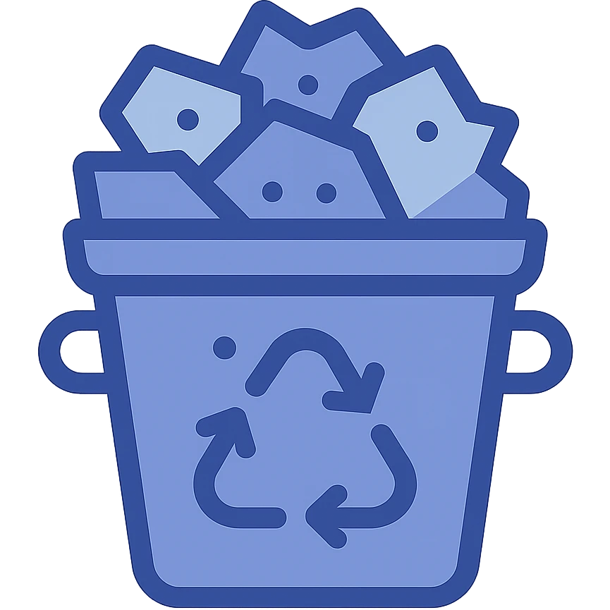 full recycle bin icon, very simple flat color clip art style, use three blue shades from palette, minimal, with paper or trash inside, no text emoji