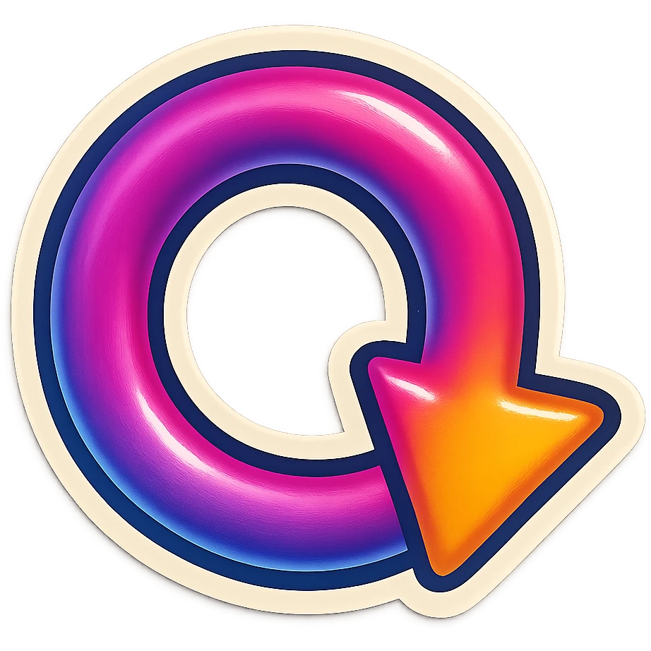 Create a retro sticker style arrow that curves 270 degrees from tail to point, matching the reference style and color. emoji