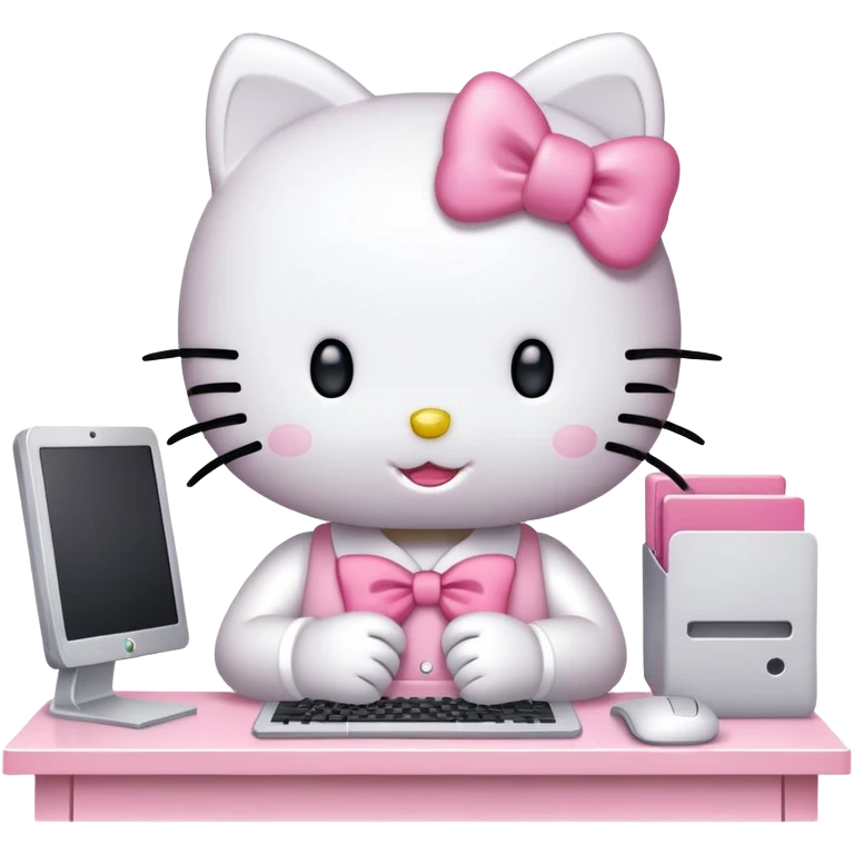 Hello Kitty working at office desk with computer emoji