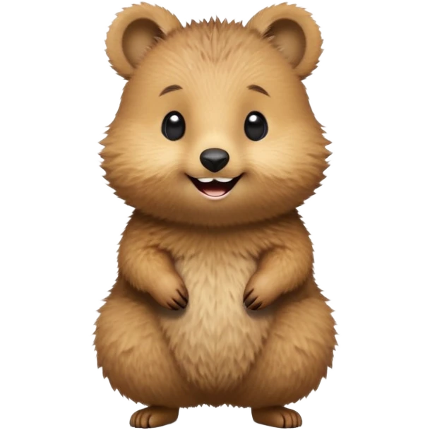 cinematic-quokka-realistic-emoj,-small-round-frame-balanced-on-tiny-strong-hind-legs,giant-fluffy-cheeks-large-smile-fluffy-brown-fur-radiating-a-warm-softness,-big-round-eyes-filled-with-joy, realistic emoji emoji