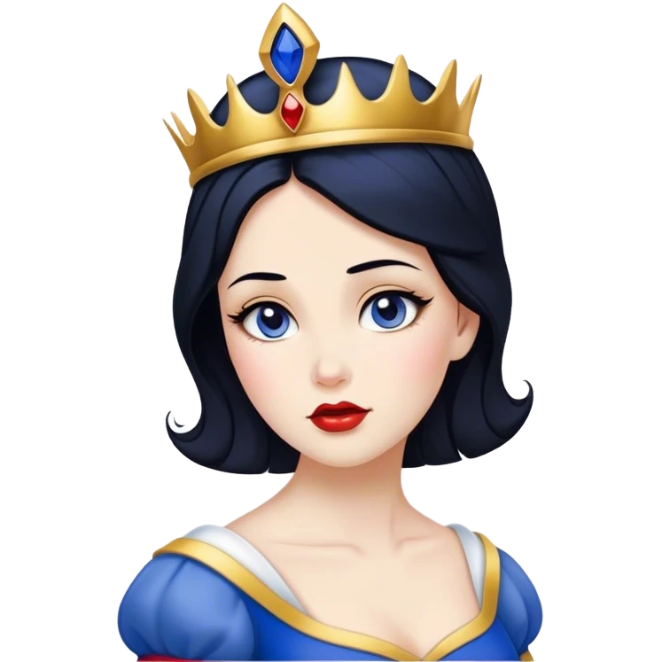 Cinematic Timeless Snow White Portrait Emoji, rendered in a clean, vector style. Depict Snow White with flawless porcelain skin, elegantly styled raven hair, and a serene, graceful expression, dressed in her classic blue and gold ensemble. The design features bold, simplified shapes, a soft, enchanting glow, and a subtle glowing outline, epitomizing pure, timeless beauty. emoji