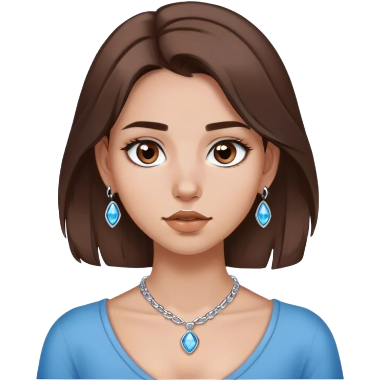 Girl with medium length brown hair, brown eyes, and silver septum piercing, silver earrings, and silver necklace with blue gem emoji