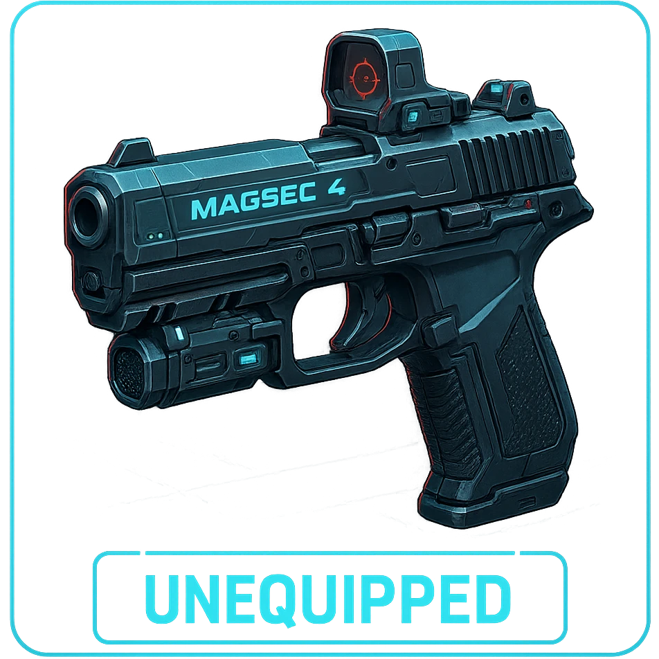 the image is the icon for a videogame  item. futuristic cyberpunk -ready to equip- it is master craftsmanship [ unequipped item ]
It is a magsec4 pistol with a mini-holo - neatly staged 3/4 profile view emoji