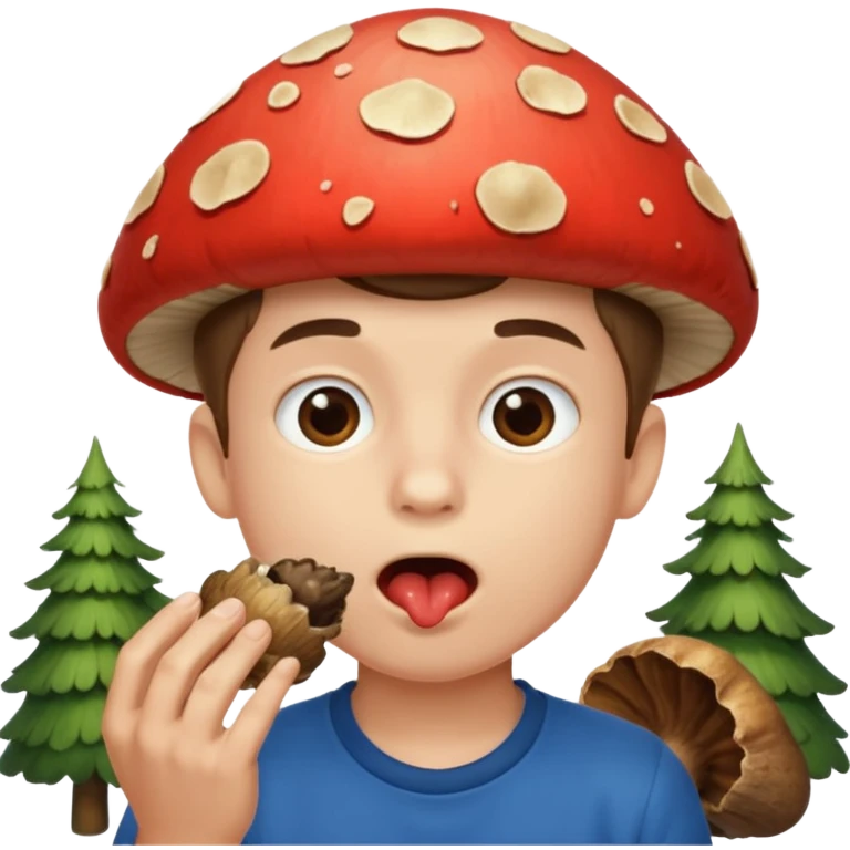 Boy using mouth to catch mushroom emoji