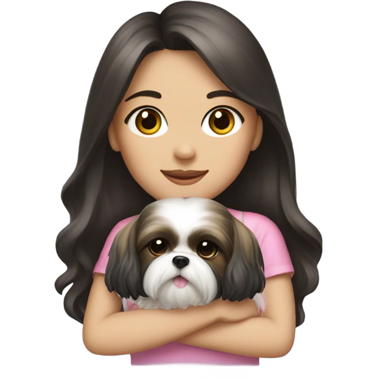 A girl with long dark hair and on her left shoulder and neck is a cute female shih tzu with pink bow emoji