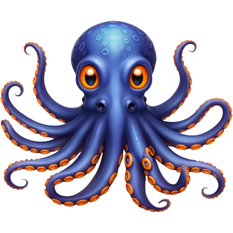 Cinematic Realistic Noble Octopus Portrait Emoji, Poised and majestic, with a sinuous, flowing body in vivid orange accented by intricately detailed blue rings, and intelligent, penetrating eyes that reflect ancient ocean lore; rendered with lifelike texture and natural iridescence, high shine, intelligent and formidable, styled with an aura of mystical marine power, focused and attentive, soft glowing outline, capturing the essence of a watchful and confident octopus that appears ready to glide out of the screen with timeless authority! emoji