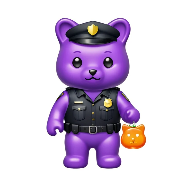 a purple shiny gummy bear with a black police vest that has a patch that says J. Johnathan on it. It also has black cat ears on its head and a smaller orange gummy bear on its shoulder emoji