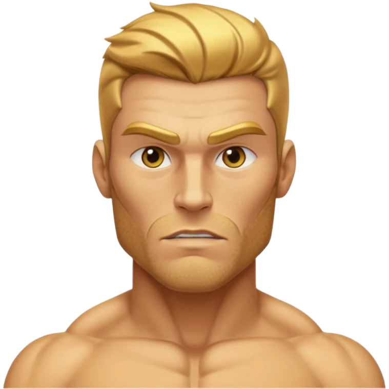 A hyper-realistic, fully golden Gigachad with reflective 24k gold skin, sharp chiseled jaw, golden stubble, blank eyes, and one raised eyebrow. He is shown from the chest up, facing front, with a shiny, muscular physique resembling the Silver Surfer in gold emoji