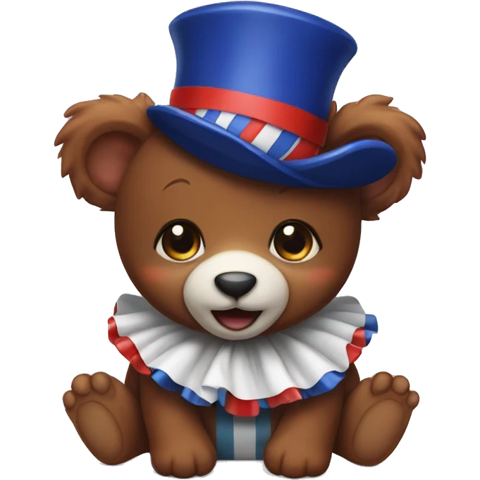 Brown baby bear. Wearing jester collar and a clown hat. The clown accessories are Red, Navy, And white. emoji