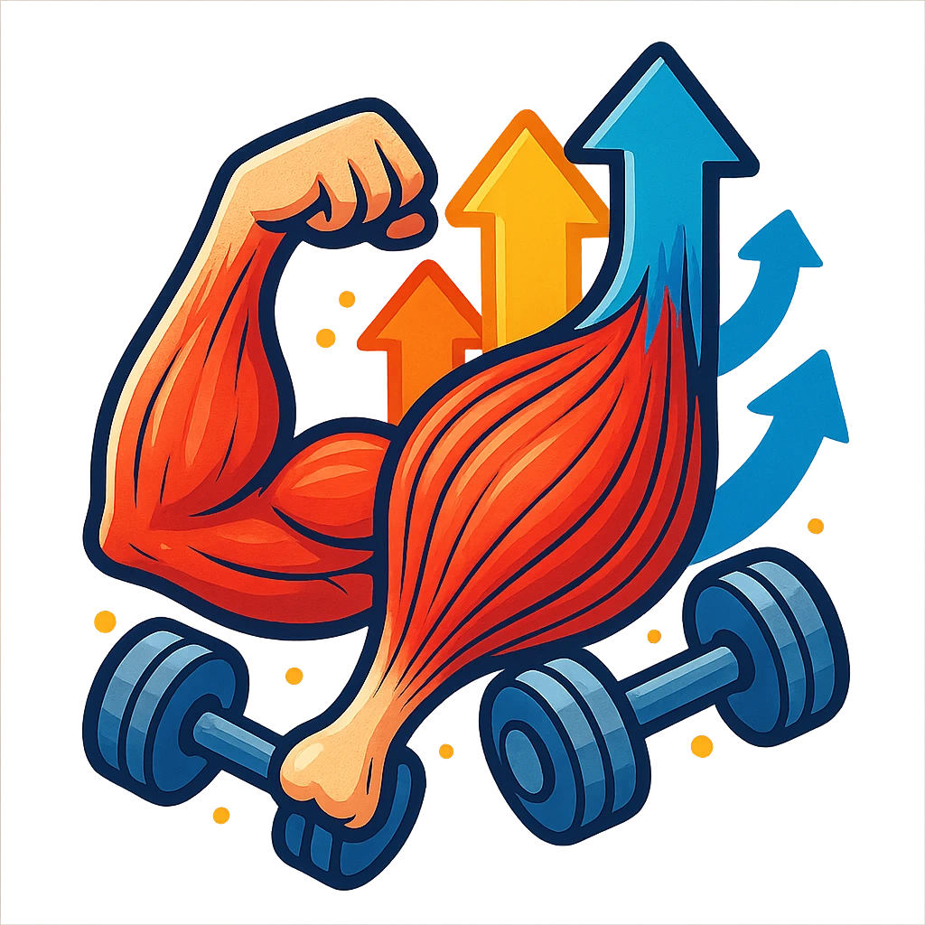 progressive overload on a muscle, modern illustrative style, muscle growing and strengthening, ascending arrows, weights or dumbbells, vivid colors, positive atmosphere, anatomical details, white background emoji