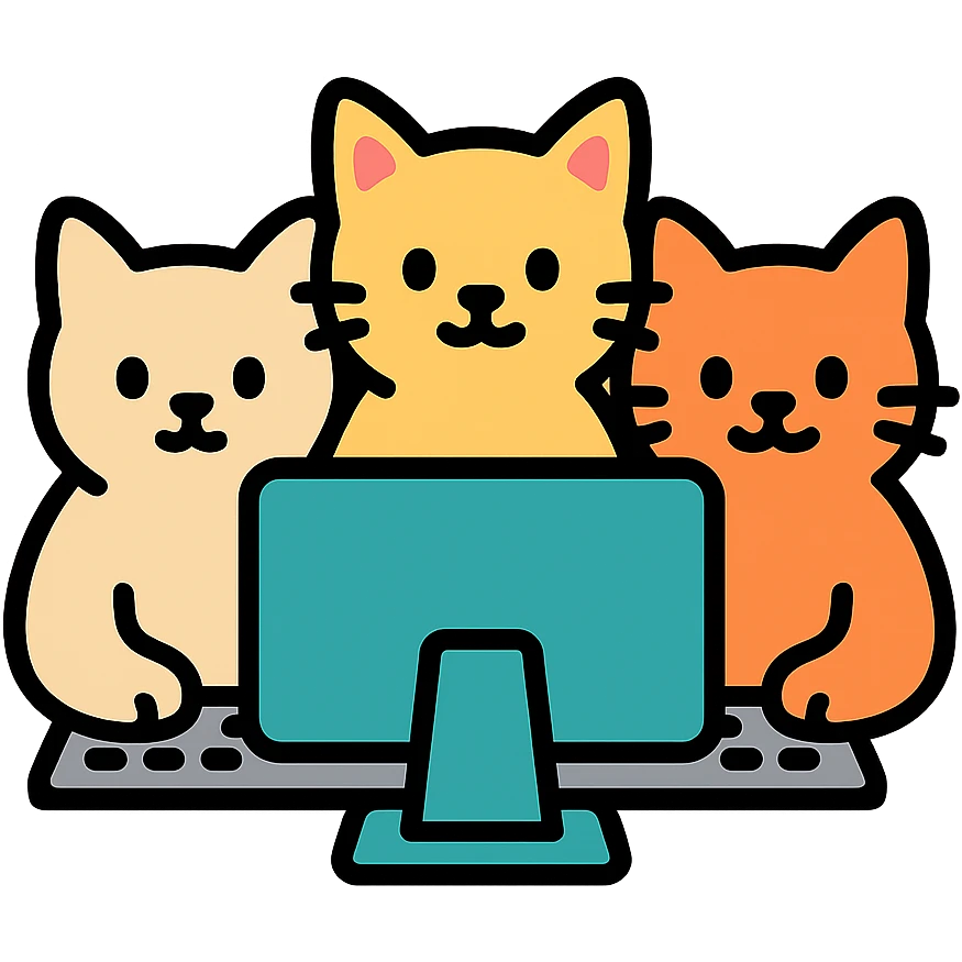 three cats sitting at a computer, color icon style emoji