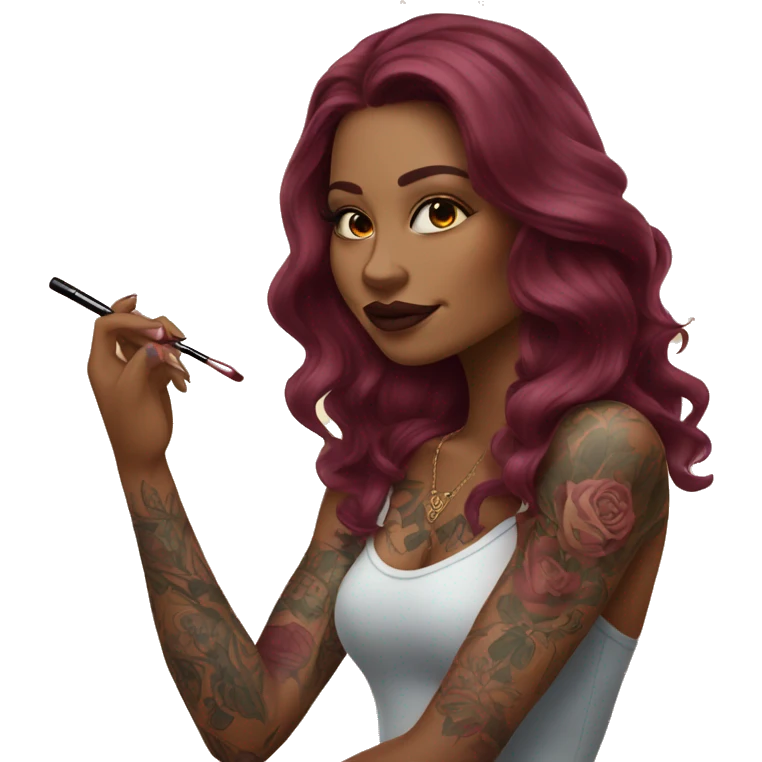 Beautiful tattooed burgundy long haired woman doing her makeup emoji