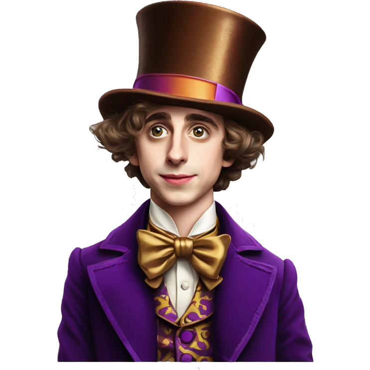 Timothée Chalamet as Willy Wonka, high cheek bones, large face, hat emoji
