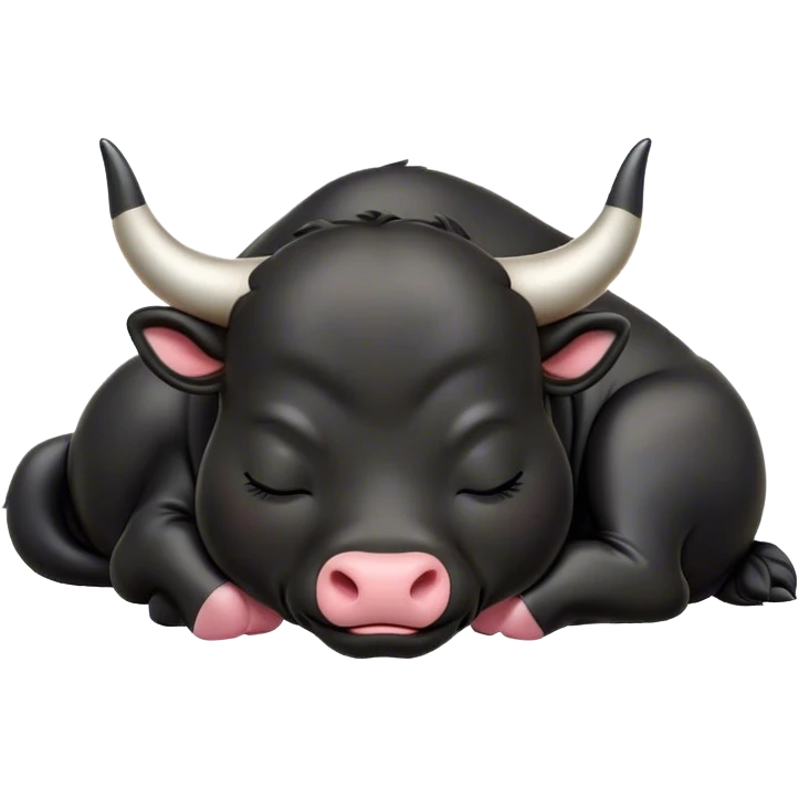 Meme-Worthy Cute Sleeping Black Bull Portrait Emoji, Head resting peacefully with a contented smile, showcasing a robust, massive build and a luxuriously soft pure black hide, eyes shut in a serene, restful nap, Simplified yet hilariously adorable features, highly detailed, glowing with a soft, drowsy light, high shine, relaxed and utterly lovable, stylized with an air of playful laziness, bright and heartwarming, soft glowing outline, capturing the essence of a comically sleepy guardian, so meme-worthy it feels like it could instantly become the next viral sensation of adorable slumber! emoji