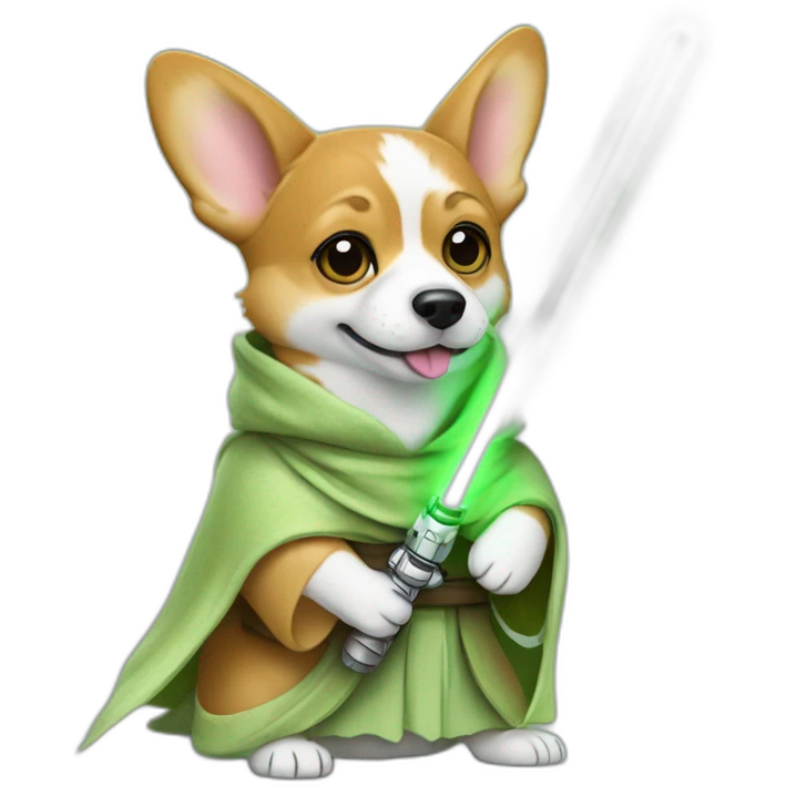 Corgi dress as yoda with one light saber green emoji