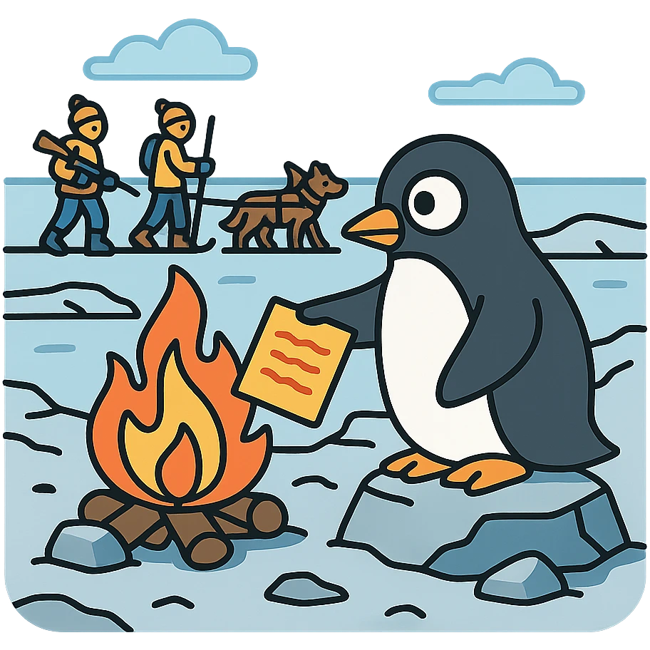 penguin on a rocky polar shore, burning secret documents in a campfire, looking around; distant horizon, two people with wolf sled, rifles, skis emoji