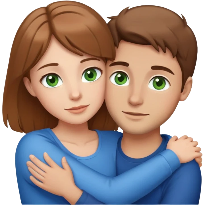cute couple hugging, girl with light brown hair and green eyes, guy with brown hair and blue eyes emoji