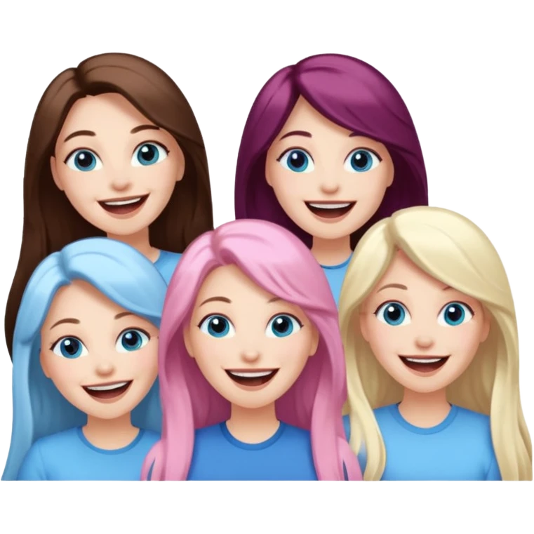 four adult white women laughing and smiling.  Two have long dark brown hair.  One has long pale pink hair and blue eyes. one has with blue eyes and light blonde hair. emoji