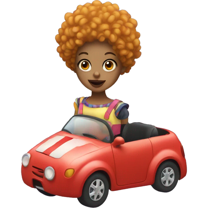 girl with curly hair that is dressed a clown with a clown nose driving small car emoji