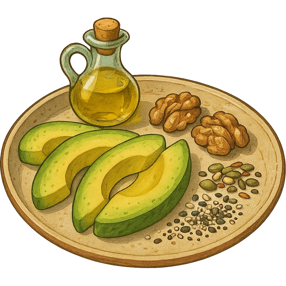 plate with avocado, nuts, olive oil, and seeds in ghibli style emoji