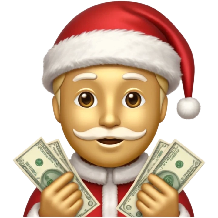 A confident rich emoji face wearing a Santa hat, money stacks, casino vibe, New Year theme, premium 3D emoji style, sharp details, no text, isolated on transparent background emoji