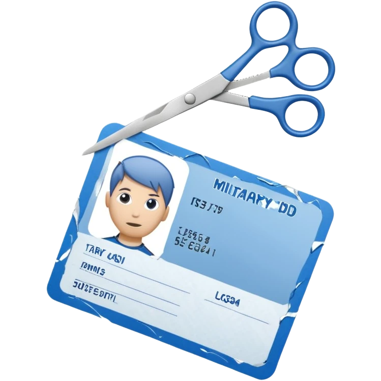 Scissors cutting military ID card in the middle front view emoji