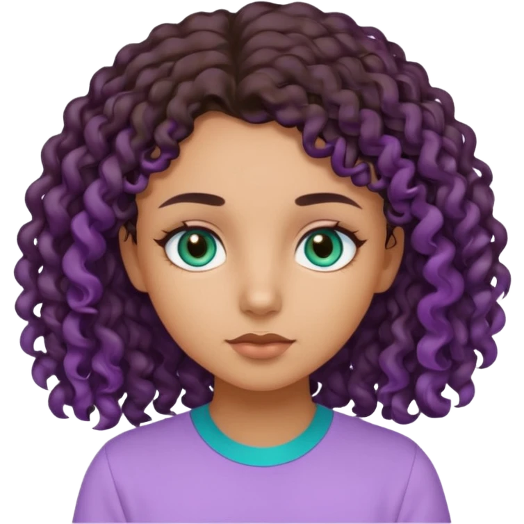 Girl with olive skin, teal eyes and dark brown hair long a little curly, light purple shirt emoji