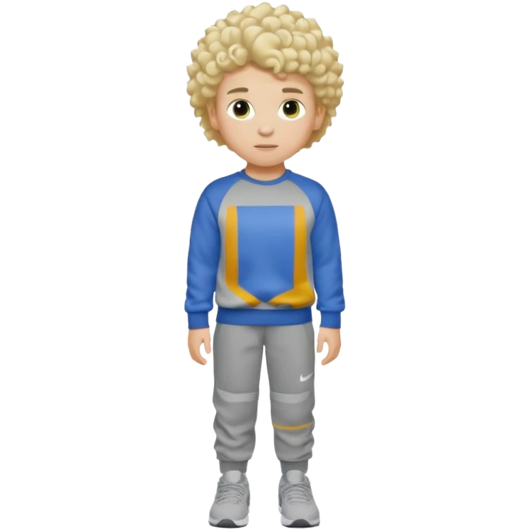 A kid with blonde hair and a perm, Grey ESSENTIALS sweater, gray Nike shoes, Grey pants and he is white. emoji