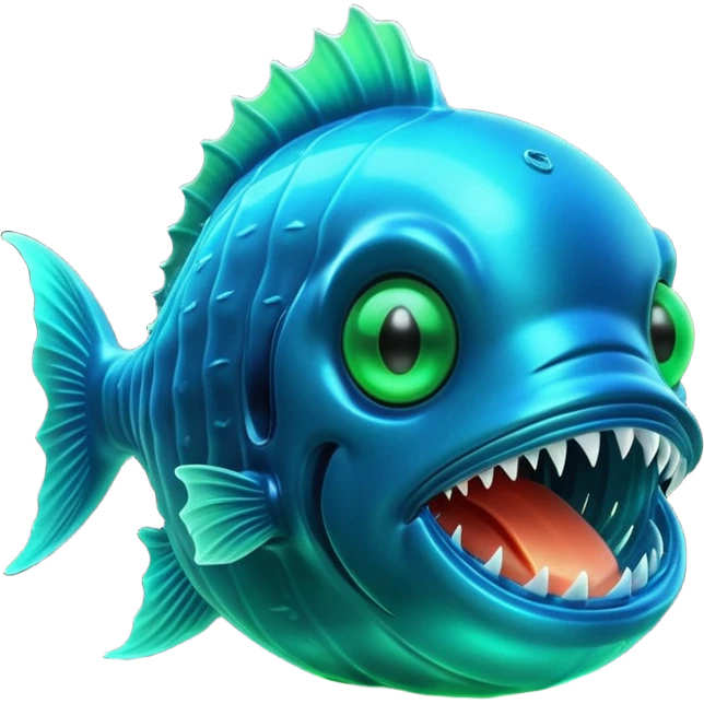 3D render of Anglerfish, bioluminescent deep sea style, glowing neon blue and green lights, dark background to contrast the glow, translucent organic textures, Apple emoji style, 3D render --v 6.0 emoji