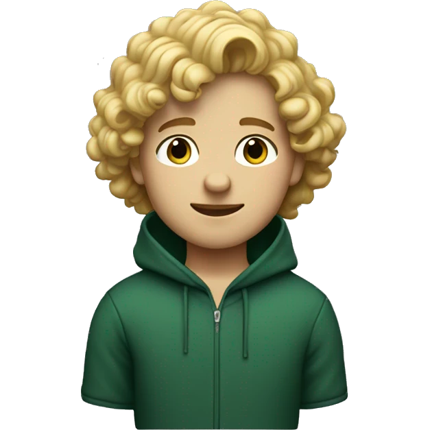 A boy with middle-lenght curly blonde hair wearing a dark green hoodie  emoji