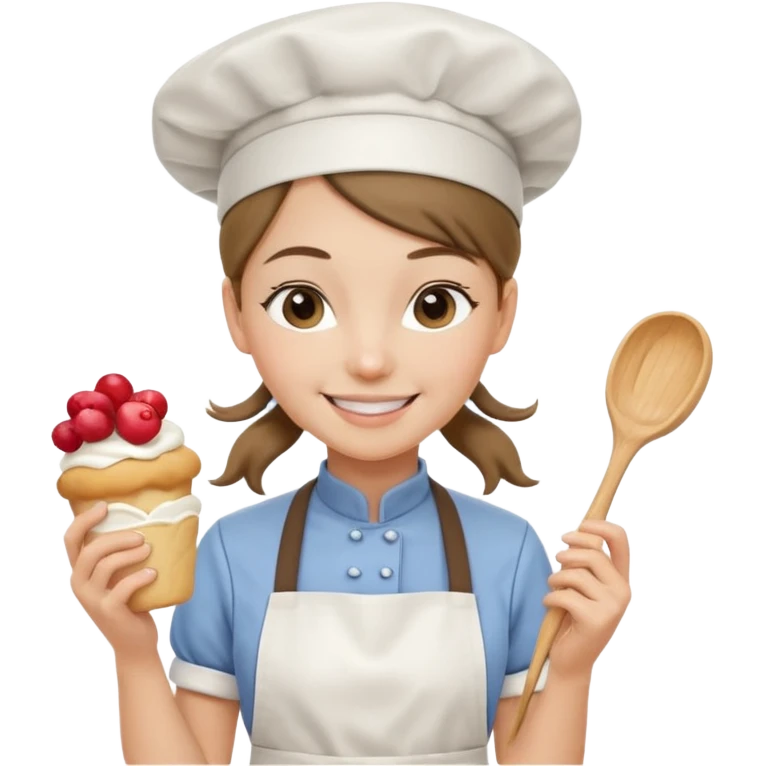 Young female pastry chef - ponytail, apron, wearing a white hat, holding a cream piping bag emoji