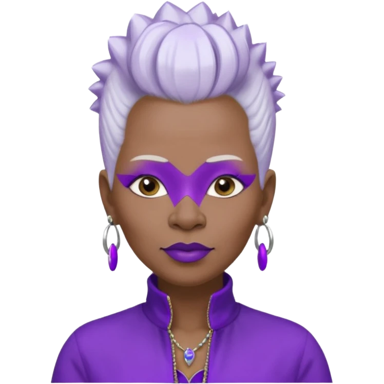 57yr old Qeen black woman with long oval shaped face with a white colored  natural hair mohawk style haircut adorning purple royalty clothing and purle lipstick, with 2 nose rings emoji