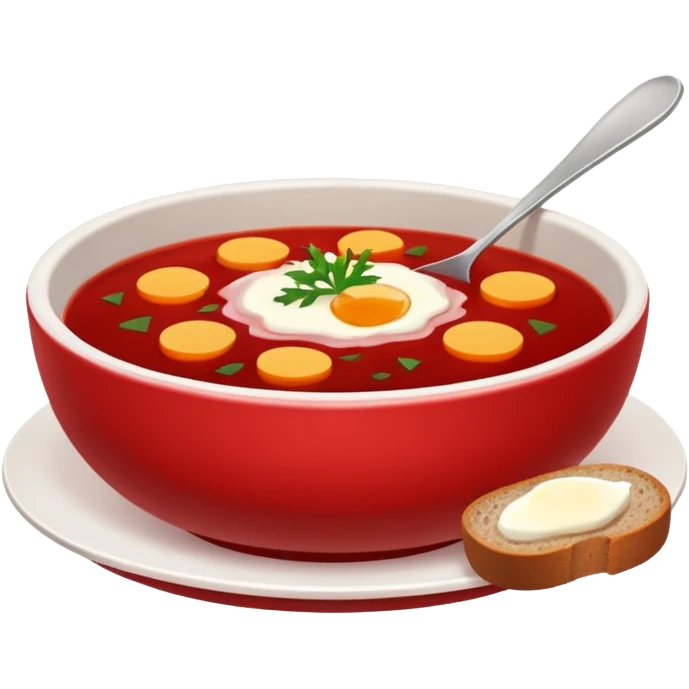 Russian cuisine avatar in clean emoji-style illustration. Borscht bowl, rye bread, warm red tones, simple shapes, flat design, high contrast, friendly and bold. emoji