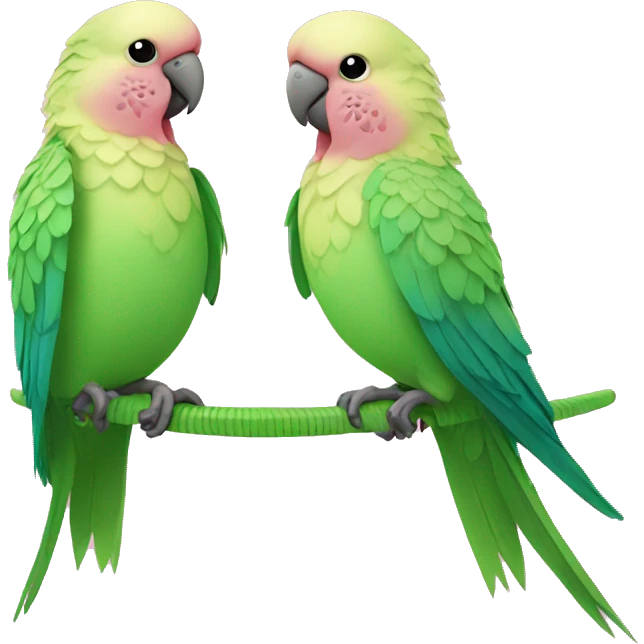 2 Pink parakeets with green wicker ball emoji