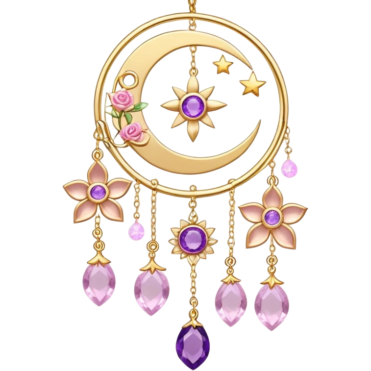 Epic beautiful gorgeous cute gold suncatcher, threads with shiny sparkly amethyst and rose-quartz gemstones, flowers, crescents-moons, stars emoji